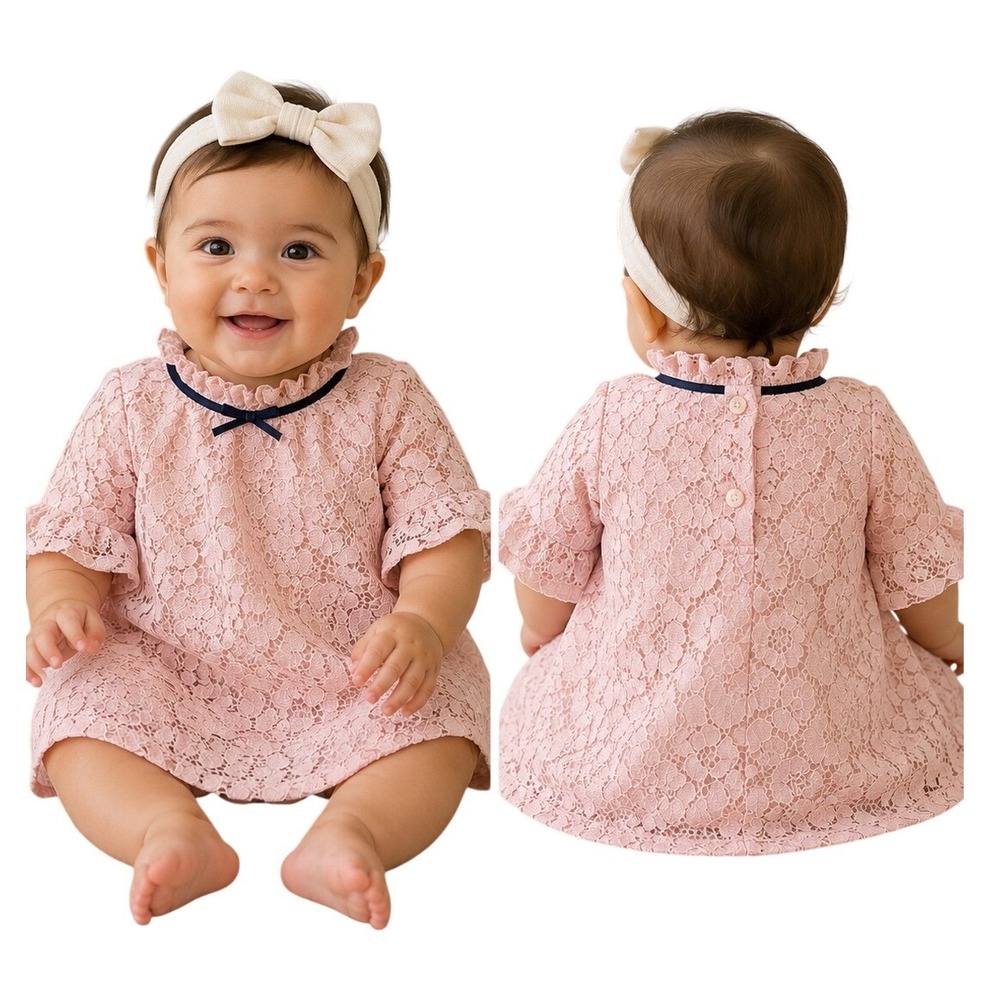 Janie and Jack Baby Girl Lace Dress Pink 6-12 Months Bell Sleeve